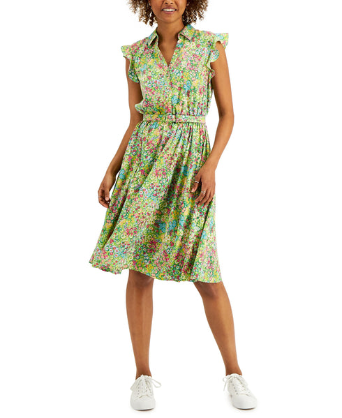 Charter Club Petite Flutter Sleeve Belted Dress